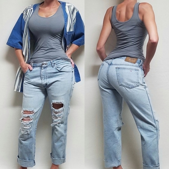 VINTAGE Route 66 Destroyed Light Wash High Rise Raw Cut Cropped Relaxed Jeans 8 - Picture 1 of 13